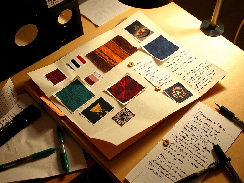 Table de travail encombrée avec croquis et échantillons